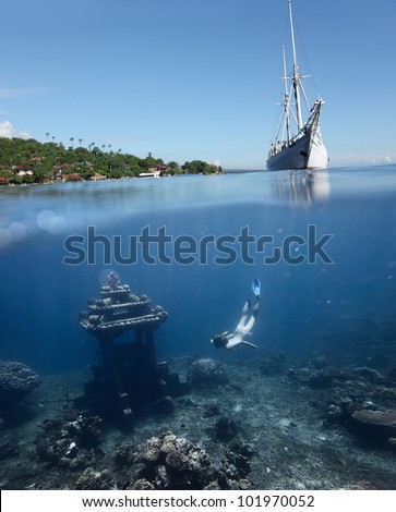 Collage with woman diving to underwater landmark on a breath hold and sail boat on water surface with main land on the horizon