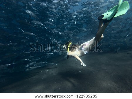 Underwater shoot of a woman diving on a breath hold by school of fish