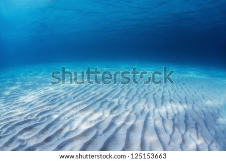 Underwater shoot of an infinite sandy sea bottom with clear blue water and waves on its surface