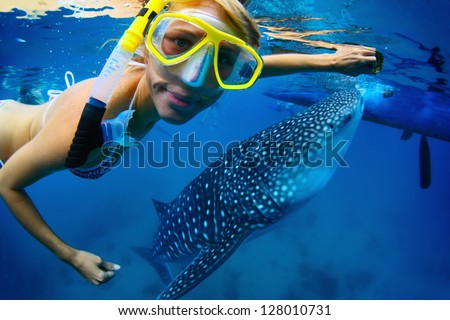 Close Up Underwater Shoot Of A Young Lady Snorkeling With Gigantic Whale Shark