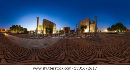 Spherical, 360 degrees, seamless panorama of the public square Registan in the city of Samarkand at twilight, Uzbekistan