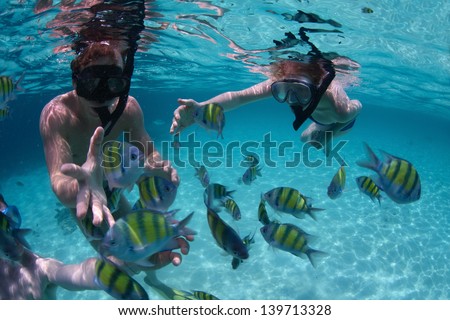 Young Friends Having Fun In A Tropical Sea. Underwater Scene With Fish