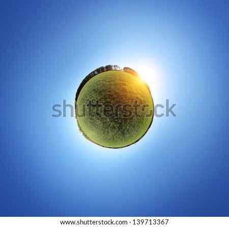 Green little planet. Spherical panorama of a green spring meadow with sun and blue clear sky