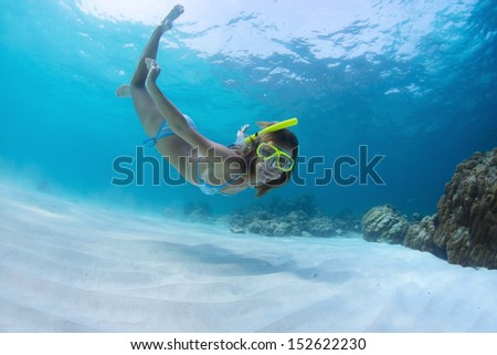 Young lady snorkeling and diving on a breath hold in a clear tropical sea