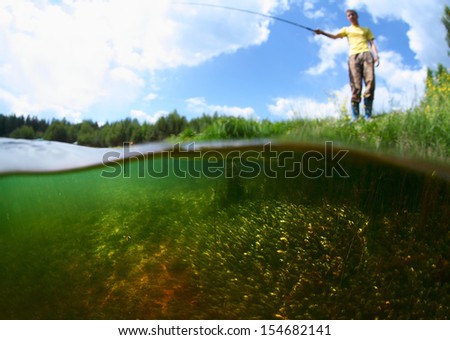 Young man fishing in a pond in a sunny day. Focus on the weed underwater