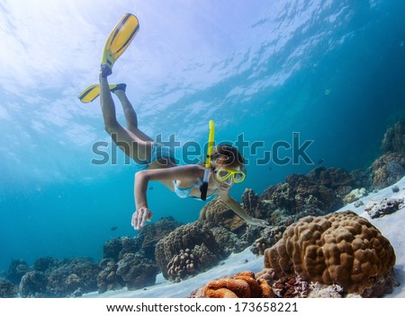 Young lady snorkeling over coral reefs in a tropical sea