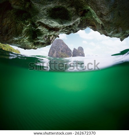 Underwater split shot of the cave. Krabi province of Thailand