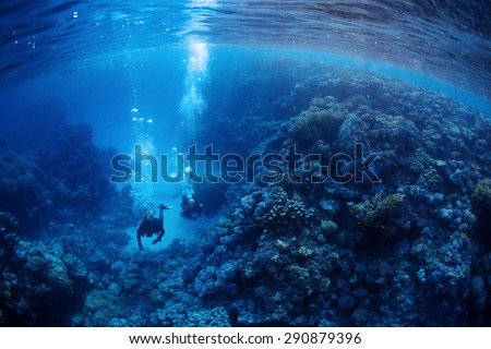 Underwater shot of two divers exploring underwater canyon. Red Sea, Egypt
