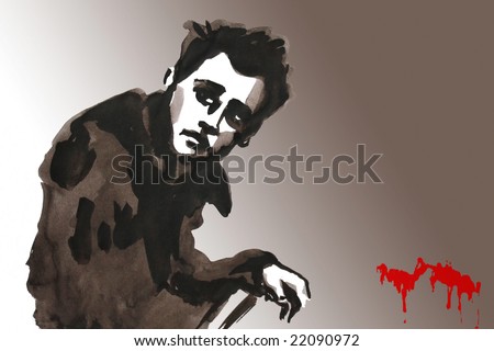 Adult sad man looking back with spots of blood on a gray background
