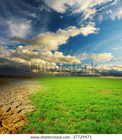 Green grass and cracked desert land over dramatic clouds