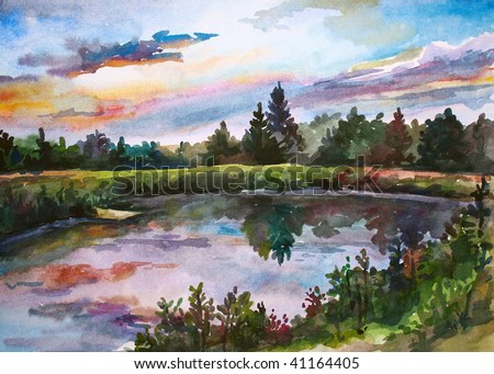 Hand made drawing. Wild pond with pines