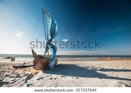 Traditional Malagasy sail boat on the sea coast. Town of Morondava, Madagascar
