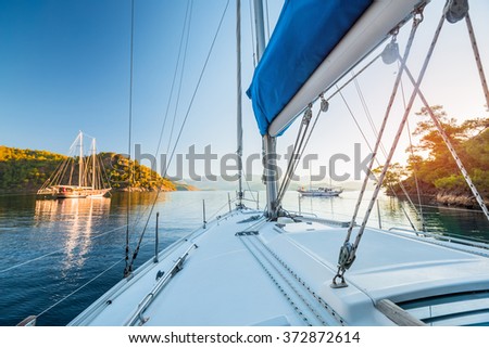 Sailing boats anchored in calm bay. Aegean Sea, Turkey