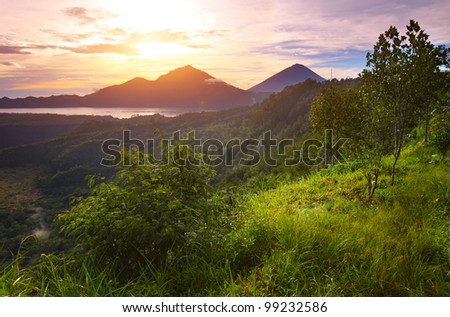 Mountains with lake and green lush meadow with tree on a hill side at rising sun lighting