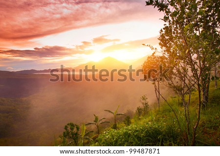 Mountains with lake and green lush meadow with tree on a hill side
