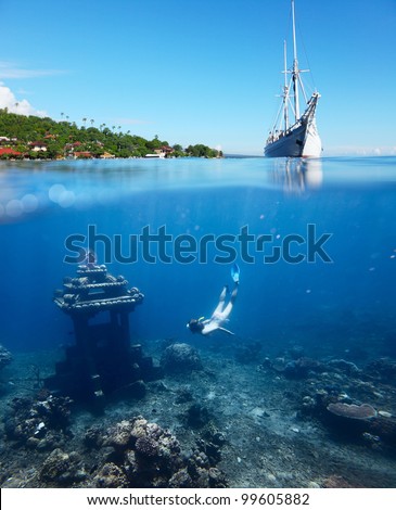 Collage with woman diving to underwater landmark on a breath hold and sail boat on water surface with main land on the horizon