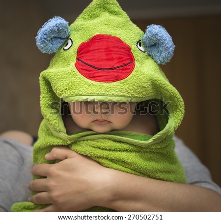 baby after bath in towel green  funny