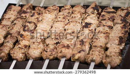 fried meat on outdoor grill background barbecue sticks