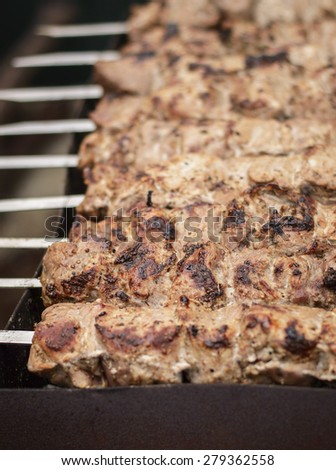 fried meat on outdoor grill background barbecue sticks