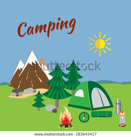 Summer camp leisure park summer camp, vector icons for tourism, recreation for active people, landscape, nature, mountains, travel, hike in the woods, in the country, in the mountains.