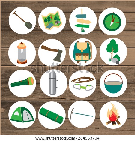 Summer camp leisure park summer camp, vector icons for tourism, recreation for active people, landscape, nature, mountains, travel, hike in the woods, in the country ,icon on a wooden background.