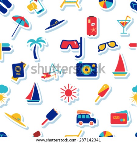 Seamless beach vacation pattern. Background for you  a summer vacation design. Icons on a white background with a stroke.