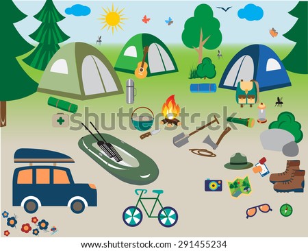 Summer camp leisure park summer camp, vector icons for tourism, recreation for active people, landscape, nature, mountains, travel, hike in the woods, in the country,