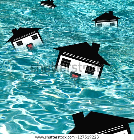 Housing market drowning (Concept) homes floating in water trying to keep a float
