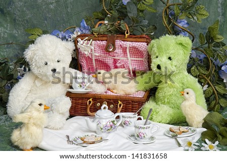 Party Animals - teddy bears, white and green chillin\' out with their duck friends at a picnic