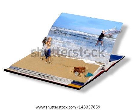 Concept of magical Book opened up with people seemingly come to life -Ocean image of young boy helping his mother net fishing with casting nets.