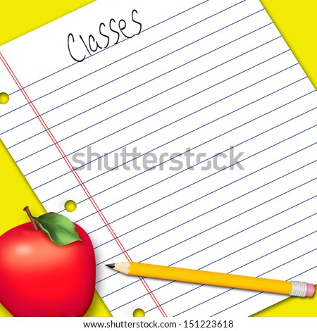 Notebook paper background with apple and pencil