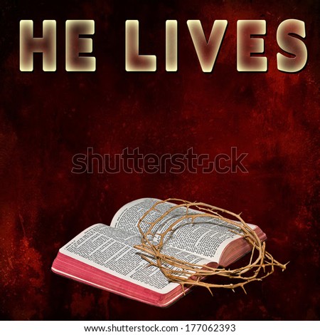Bible with crown of thorns leaning on it against red/texture background with text, HE LIVES