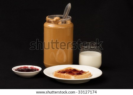 A large jar of peanut butter and dish of jelly with a glass of milk and bread on a plate.