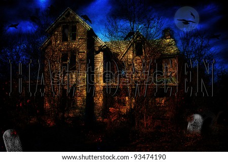 HALLOWEEN GRAPHIC/PHOTO ILLUSTRATION OF HAUNTED HOUSE AND GRAVES