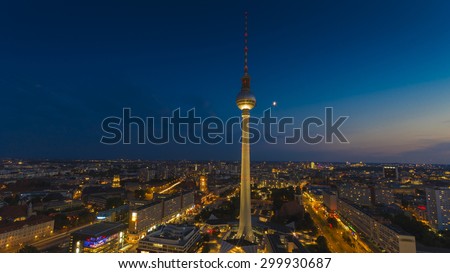 Panoramic views over the skyline of Berlin with the TV Tower. Photographed at night from the roof of the Park Inn hotel at Alexanderplatz