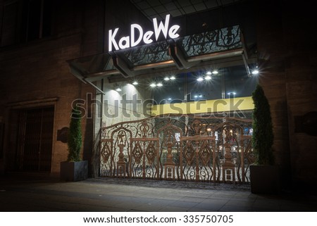 Berlin, Germany - October 29, 2015:  The closed main entrance from the KaDeWe with the logo \