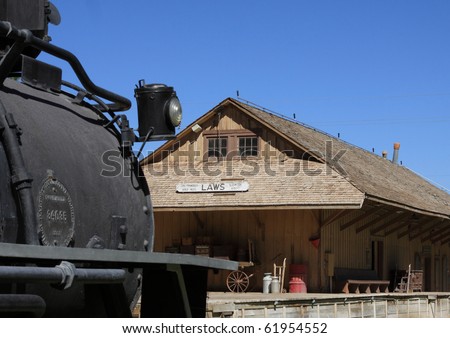 An antique narrow gauge locomotive at the Laws railroad depot in Laws, California