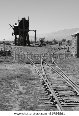 The Southern Pacific turntable, water and oil tanks at Laws, California. It was known as the Slim Princess and was one of the last regularly operating narrow gauge railroads in the United States