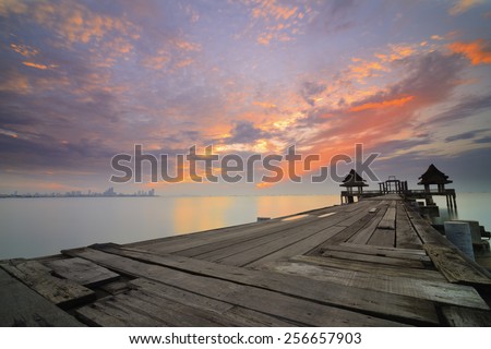 Landscape of Wooded bridge in the port between sunrise Visual art