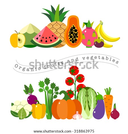 Organic fruits and vegetables template. Vector illustration, set of hand-painted vegetables and fruits. Healthy eating vector concept with flat images