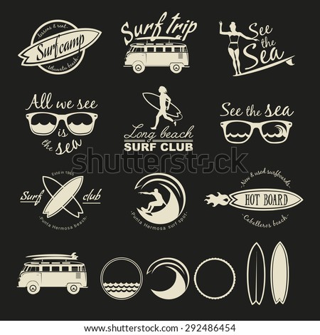 Set of vintage surfing logos labels badges and design elements Set of vintage surfing logos labels badges and design elements
