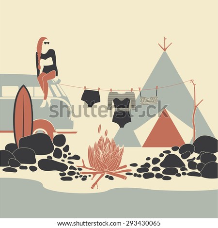 Surfer Girl with Vintage Surf Van on the beach at sunset. Camping tent,  fire. Surf camp. Beach Lifestyle.