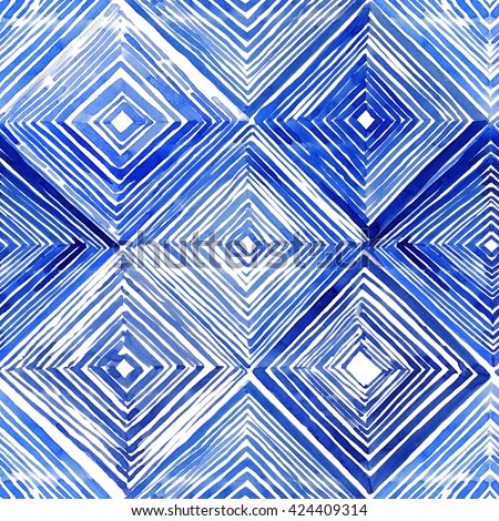 Watercolor shibori seamless pattern. Indigo tie dye pattern. Rhombus watercolour illustration.