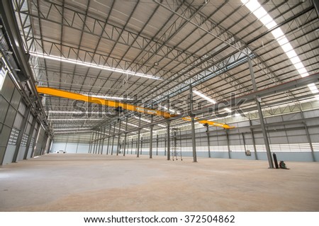 Indoor empty warehouse factory and crane with safety first text