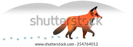 Cartoon red fox making its way in the snow and leaving footprints.