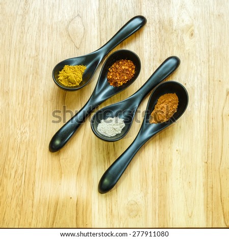 Four kind of spices in the ceramic spoon