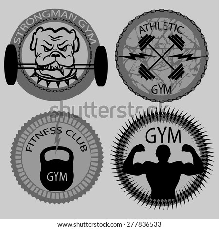 Set of sport athletic club and fitness emblems, labels, badges, logos and designed elements. Bodybuilder, athlet, fit man icon