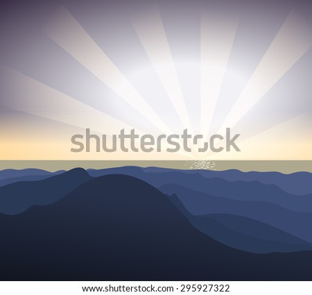 vector landscape sunset mist and mountains square.