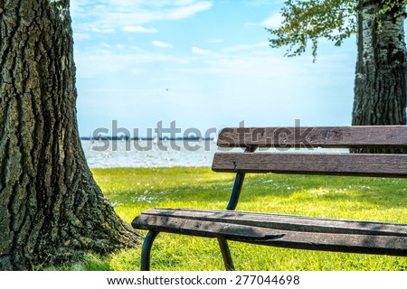 Park bench besides Palic lake in Serbia Brown park bench still in excellent condition used by the people who are walking beside Palic lake Photo was taken on a sunny day about noon Park bench besides Palic lake in Serbia Brown park bench still in excellent condition used by the people who are walking beside Palic lake Photo was taken on a sunny day about noon