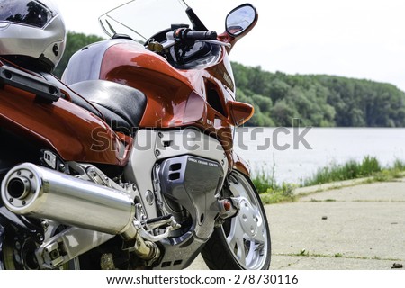 Senta, Serbia - May 17th, 2015: Photo shoot of Yamaha GTS 1000 bike from 1995, closeup shoot of a front wheel. 52 kW engine,built with Omega chassis concept. It has fork-less front suspension.
